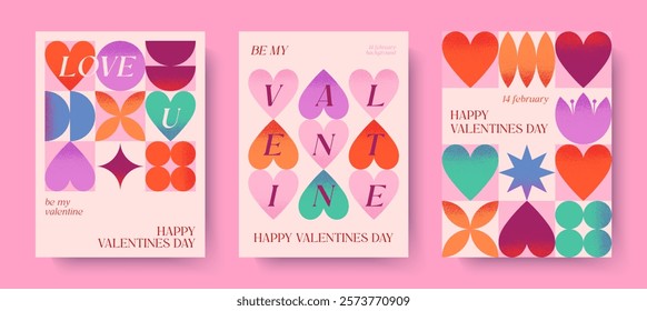 Happy Valentines Day romantic illustrations.Modern typography banner templates.Romantic greeting posters with hearts,geometric shapes background.Trendy vector concepts for prints,invitations,ad,covers