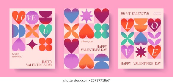 Happy Valentines Day romantic illustrations.Modern typography banner templates.Romantic greeting posters with hearts,geometric shapes background.Trendy vector concepts for prints,invitations,ad,covers