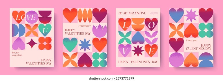 Happy Valentines Day romantic illustrations.Modern typography banner templates.Romantic greeting posters with hearts,geometric shapes background.Trendy vector concepts for prints,invitations,ad,covers