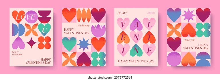 Happy Valentines Day romantic illustrations.Modern typography banner templates.Romantic greeting posters with hearts,geometric shapes background.Trendy vector concepts for prints,invitations,ad,covers