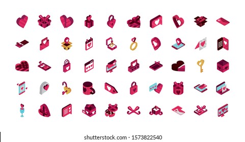 happy valentines day romantic isometric icons collection vector illustration