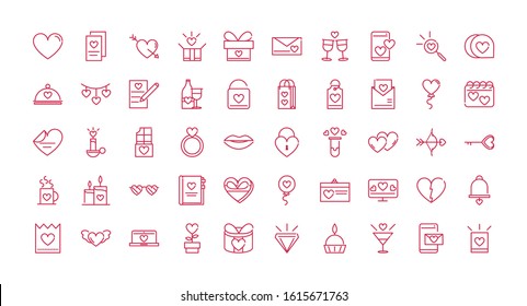 happy valentines day romantic passion love icons set vector illustration red line design