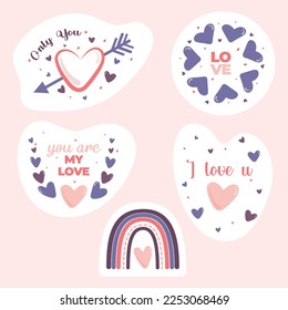 Feliz patrón romántico del Día de San Valentín. Arcoiris, corazón y flores. Hermosos stickers de amor con elementos y citas de San Valentín. Imagen romántica de caricatura y letras de moda.