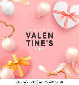 Happy Valentine's day. Romantic pink background with balloons and boxes with gift. present shape of hearts realistic design
