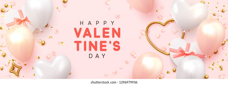 Happy Valentine's day. Romantic pink background with balloons and boxes with gift. present shape of hearts realistic design