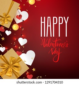 Happy Valentine's Day romantic postcard with gift boxes and decorative elements, vector illustration