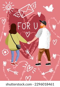 Happy Valentines Day. Romantic poster with cute young couple on date. Man and woman in love surrounded by hearts. Design element for greeting card for February 14. Cartoon flat vector illustration