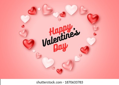 Happy Valentine's Day. Romantic realistic composition with hearts and lettering on pink background. For design of greeting card, invitation, banner