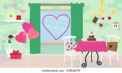 Happy Valentine's Day, Romantic room, hanging heart shape garlands. Love Flat design