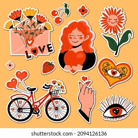 Happy valentine's day. Romantic set of sticker icons, patches badges. Cute girl with heart, love, letter with flowers, bike with balloons, fingers love gesture. Vector