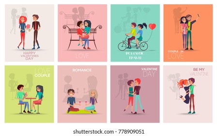 Happy Valentines day, romantic travel and romance, posters set of people having good time with their loved ones, isolated on vector illustration