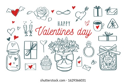 Happy Valentines day Romantic vector doodle set. Handwritten Lettering Love. Isolated objects  on white for Birthday, Wedding, romantic date
