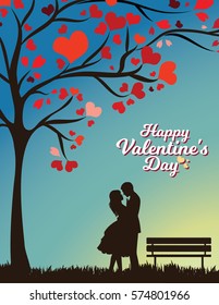 Happy Valentines Day romantic vector illustration with couple on bench.