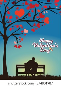 Happy Valentines Day romantic vector illustration with couple on bench.
