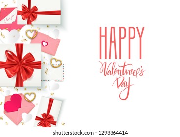 Happy Valentine's Day romantic white background with gift boxes and decorative elements, vector illustration