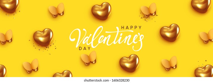 Happy Valentines Day. Romantic yellow background design with butterflies, gold hearts and glitter confetti. Flying golden butterfly. Greeting card, banner, web poster. Festive vector illustration.