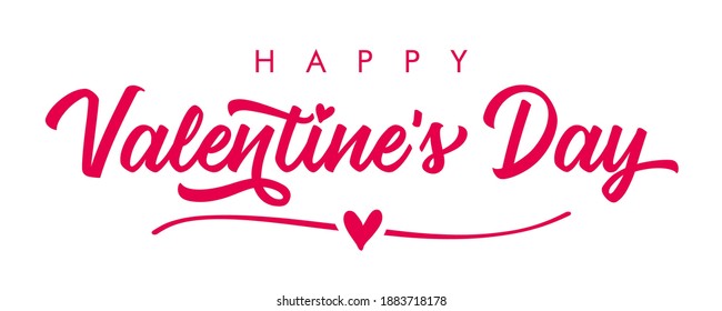 Happy Valentines Day rose color calligraphy elegant card. Valentine`s Day greeting card template with pink typography text and heart in line on white background. Vector valentine illustration