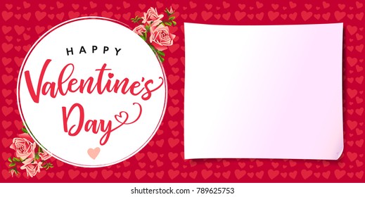 Happy Valentines day rose flower love banner. Greeting card template with text happy valentine`s day and rose flower on hearts background. Vector illustration