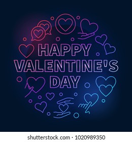 Happy Valentine's Day round colored illustration. Vector bright circular sign made with thin line heart icons on dark background