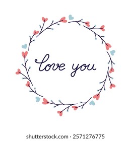 Happy Valentine's Day round frame with twigs and hearts. Simple cute greeting card. Isolated vector illustration.