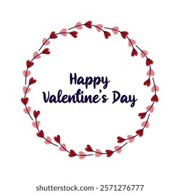 Happy Valentine's Day round frame with twigs and hearts. Simple cute greeting card. Isolated vector illustration.