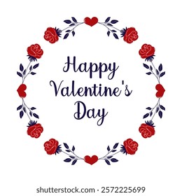 Happy Valentine's Day round frame with red roses and hearts. Simple cute greeting card. Isolated vector illustration.