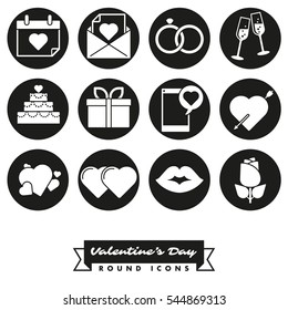 Happy Valentines Day Round Icon set. Collection of twelve Valentines Day, Love and Romance related round black icons