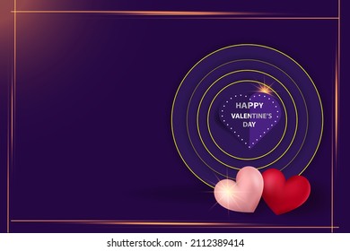 Happy valentines day round shape inside text template, poster . abstract background in purple color