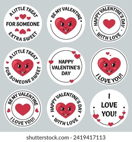 Felices etiquetas redondas del Día de San Valentín para empaques de regalo, obsequios, tarjetas románticas, regalos con saludos románticos de amor. Etiquetas de San Valentín. Un paquete de stickers con corazones graciosos adorables, me encantan las citas.