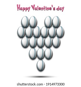 Happy Valentines Day. Rugby balls located in the form of a heart. Design pattern on the rugby theme for greeting card, logo, emblem, banner, poster, flyer, badges. Vector illustration