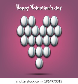 Happy Valentines Day. Rugby balls located in the form of a heart. Design pattern on the rugby theme for greeting card, logo, emblem, banner, poster, flyer, badges. Vector illustration