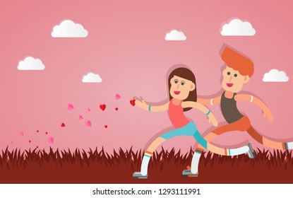 Happy Valentines Day  runners on abstract background lat design style vector graphic illustration