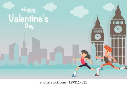 Happy Valentines Day runners on abstract background lat design style vector graphic illustration