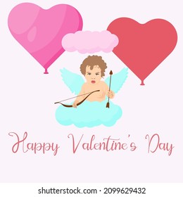 Happy Valentine's day in Russian. Vector illustration on a white background. Cute handsome angel with wings. Lettering and calligraphy. Excellent festive gift card.