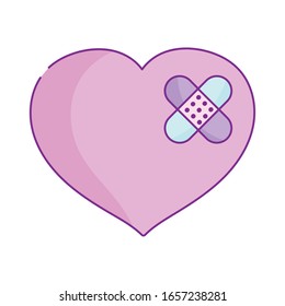 happy valentines day, sad heart with bandage first aid cartoon vector illustration