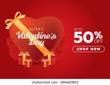 Happy valentines day sale 50% off with big red heart decorate with red roses and red gift on red background. Design for website, posters, ads, coupons, promotional material. Love and Valentine's day