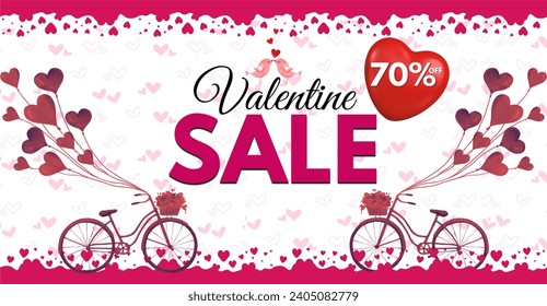 Happy Valentine's day sale 70% off everything, couple bicycle with Aesthetic hearts patterned background
