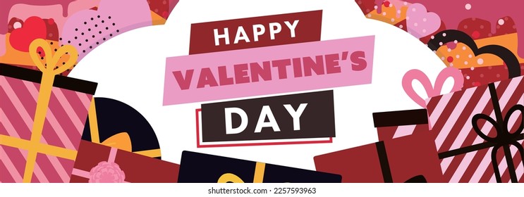 Happy Valentine's Day sale ad banner template with gifts and hearts lined up (red)