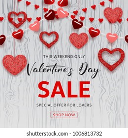 Happy Valentine's Day Sale Background. Romantic composition with garlands from paper. Beautiful backdrop with heart from threads on wooden texture. Vector illustration.