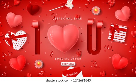 Happy Valentine's Day sale background. Vector illustration with 3d sliced and spiraled paper in the shape of letters. Top view on red serpentine and confetti, air balloons, gift boxes.