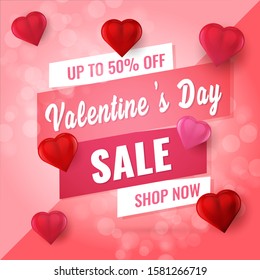 Happy Valentines Day sale background with 3d Heart Shaped Balloons. Suitable for flyers, posters, brochures, banners, discount. Valentine's day special offer card. Vector illustration template