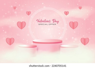 Happy Valentines day sale background. product Podium in clouds with hanging hears background