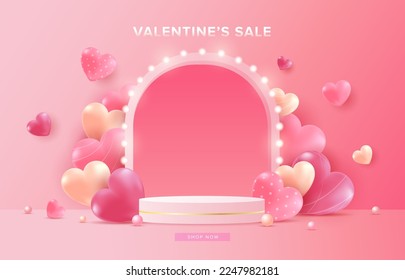 Happy Valentine's Day Sale Background with heart, podium on pink background. Promotion and shopping template for love and valentine's day concept.