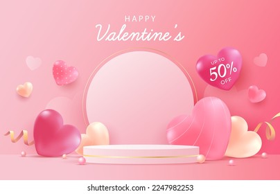 Feliz Día de San Valentín Sale Fondo con corazón, podio sobre fondo rosado. Plantilla de promoción y compras para el concepto de amor y día de San Valentín.