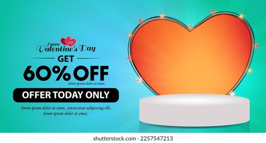 Happy Valentine's Day sale background. Big hearts with light and 3d shape for product display presentation with light rays background. Vector illustration for website, poster, promotional material.