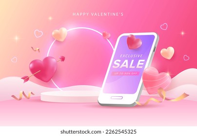 Happy Valentine's Day Sale Background with love, smart phone on pastel pink background. Promotion and sale template for love and valentine's day concept. 