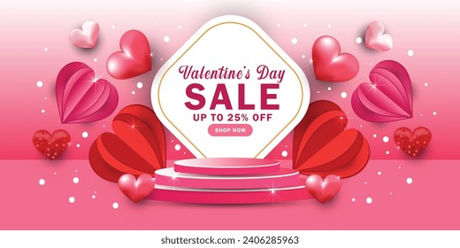 Happy Valentine's Day Sale Background with 3D heart, podium on Gradient background