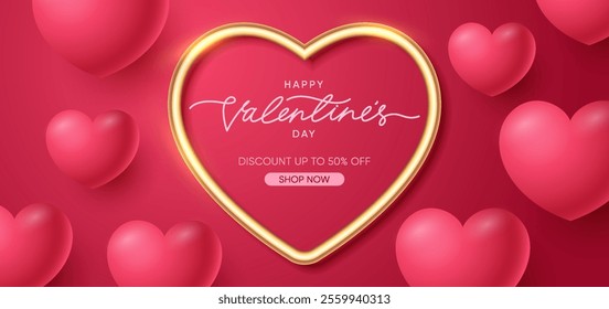 Happy Valentine's Day Sale Background Design. Holiday shopping sale banner with realistic hearts on red background. Valentine's Day greeting card, cover and banner vector illustration.