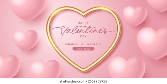 Happy Valentine's Day Sale Background Design. Holiday shopping sale banner with realistic hearts on pink background. Valentine's Day greeting card, cover and banner vector illustration.