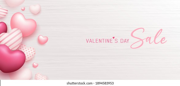 Happy Valentine's day sale, balloon colorful pink heart banner design on white wood background, Eps 10 vector illustration